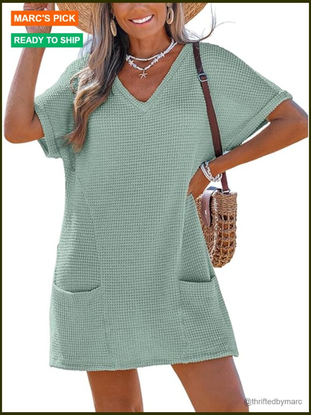 Waffle Knit V Neck Short Sleeve Beach Coverup Dress with Pockets